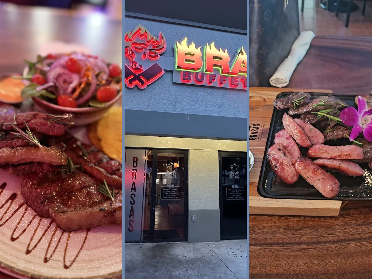 Buffet trays with grilled Brazilian steak and Latin sides