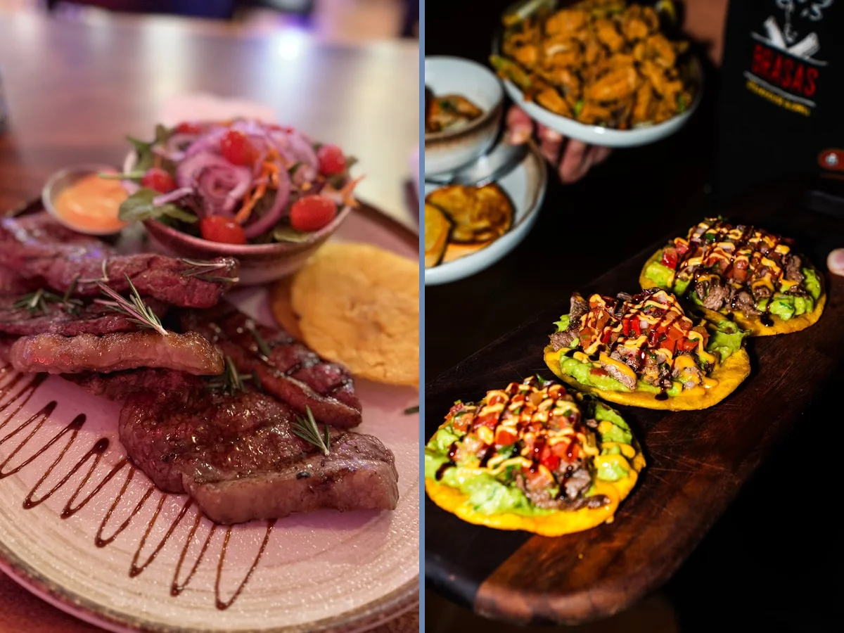 Plates of churrasco, yuca, and tostones on display