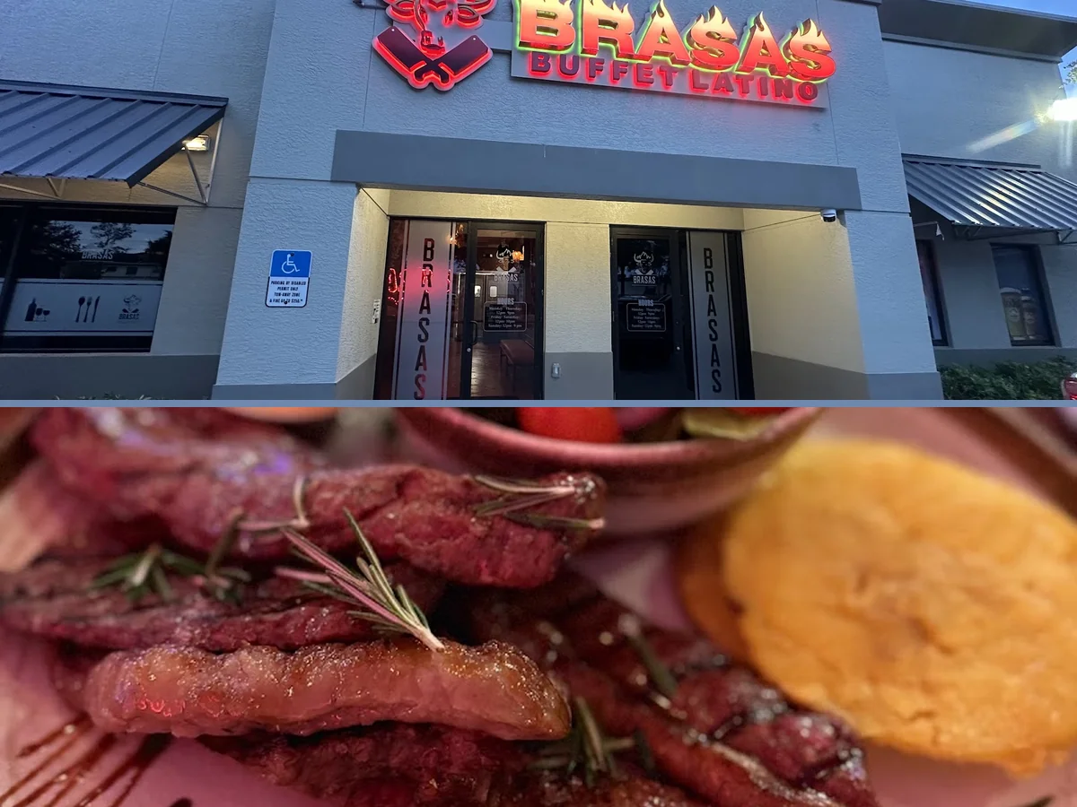 Buffet trays with grilled Brazilian steak and Latin sides