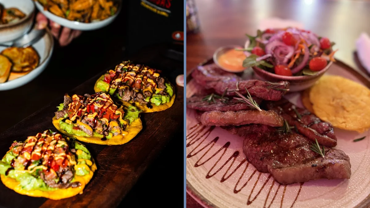 Plates of churrasco, yuca, and tostones on display