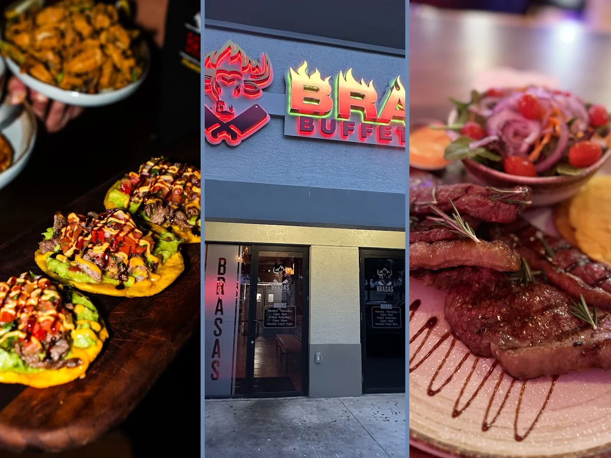 Buffet trays with grilled Brazilian steak and Latin sides